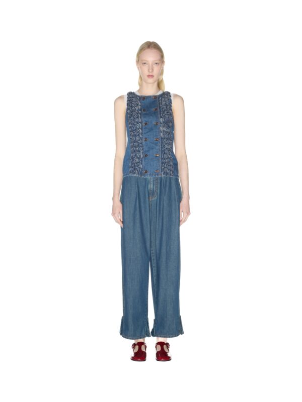 THIN DENIM BLUE WASHED DOUBLE-BREASTED MULTI-LAYER RUFFLED TOP (WASHED PRODUCT)